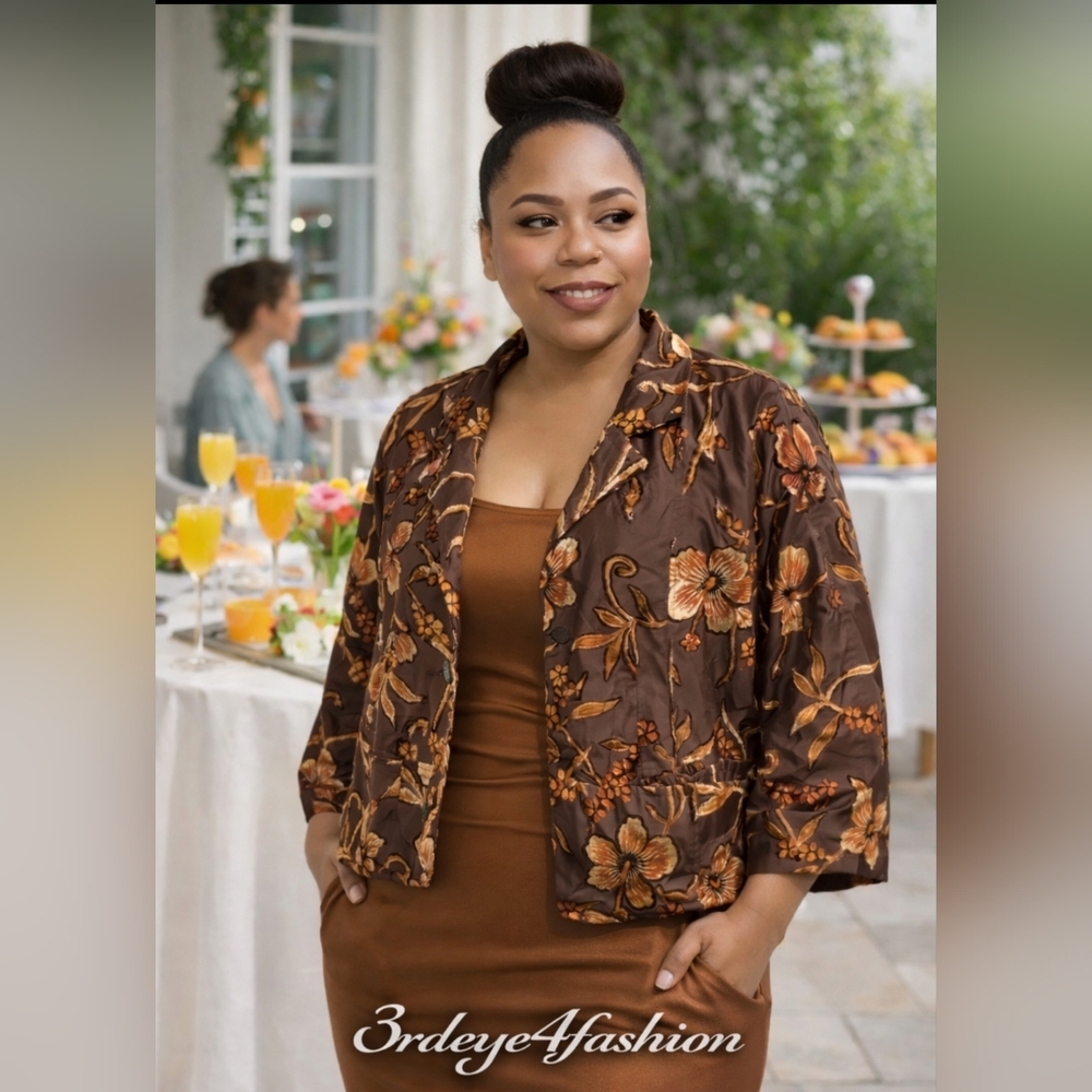 VINTAGE JULIA KEN KIMONO 🌸 Brown Floral Embroidered Jacket • Straight Cropped - Picture 6 of 17